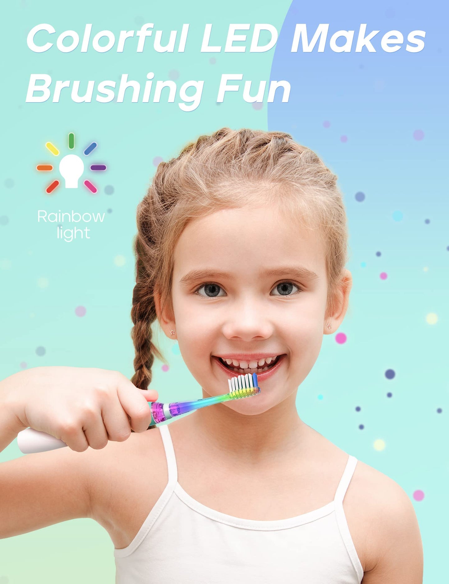 SEAGO SG-977 Kids Electric Toothbrush – 2-Min Timer, Rainbow LED, 4 Replacement Heads, Green