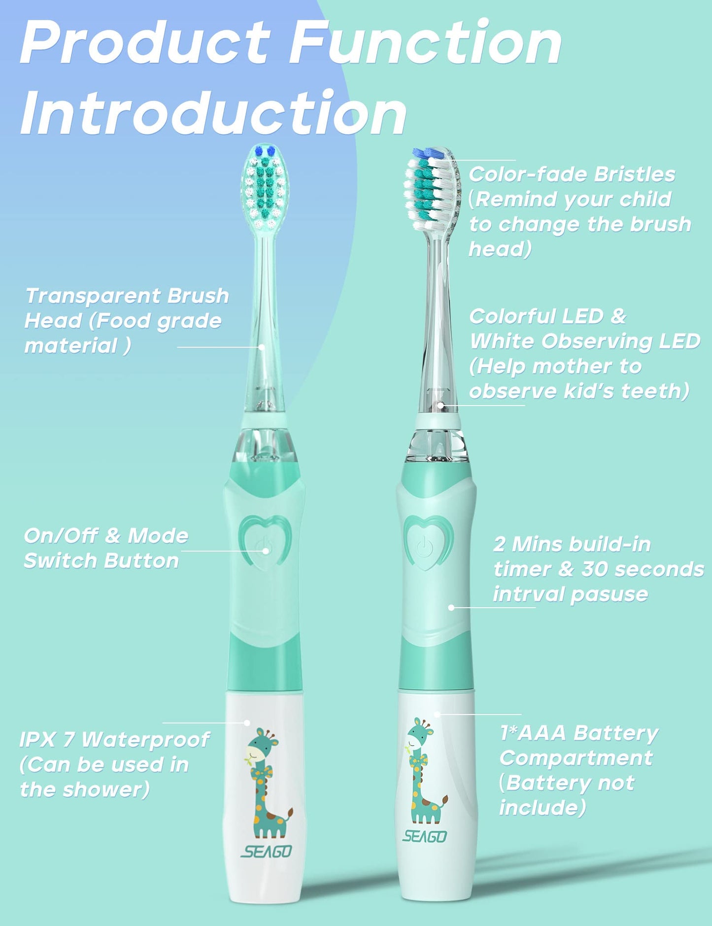 SEAGO SG-977 Kids Electric Toothbrush – 2-Min Timer, Rainbow LED, 4 Replacement Heads, Green