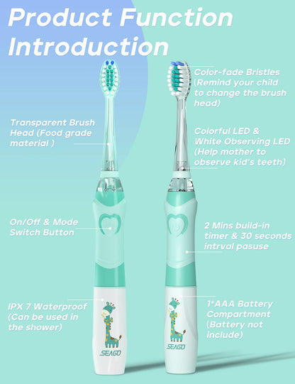 SEAGO SG-977 Kids Electric Toothbrush – 2-Min Timer, Rainbow LED, 4 Replacement Heads, Green