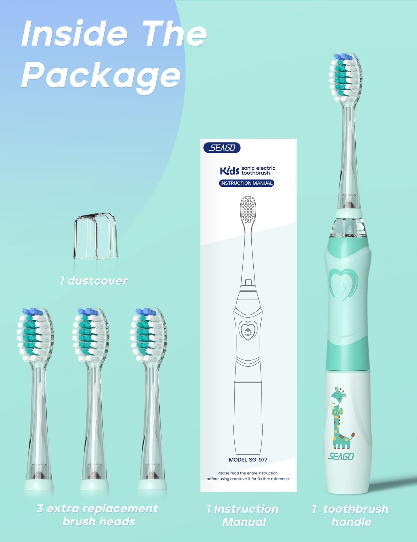 SEAGO SG-977 Kids Electric Toothbrush – 2-Min Timer, Rainbow LED, 4 Replacement Heads, Green