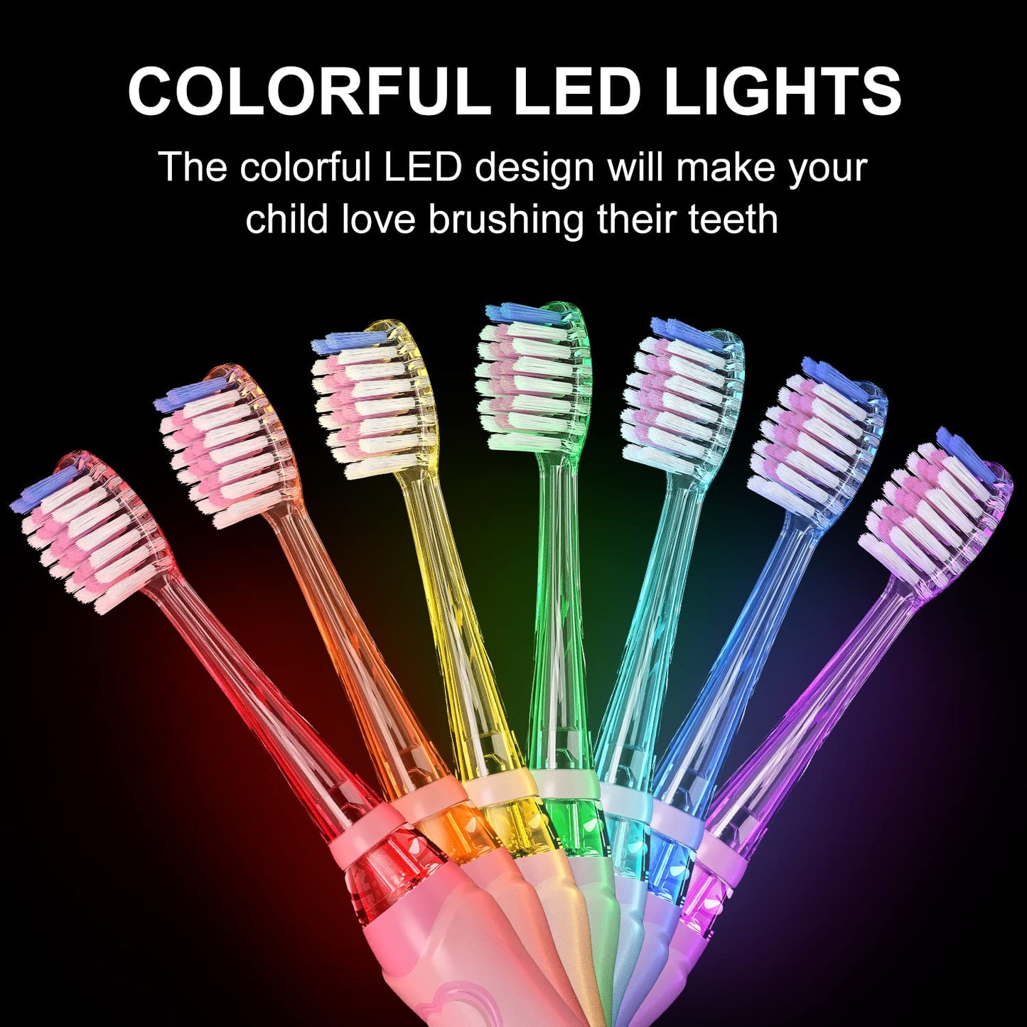 SEAGO SG-977 Kids Electric Toothbrush – 2-Min Timer, Rainbow LED, 4 Replacement Heads, Green