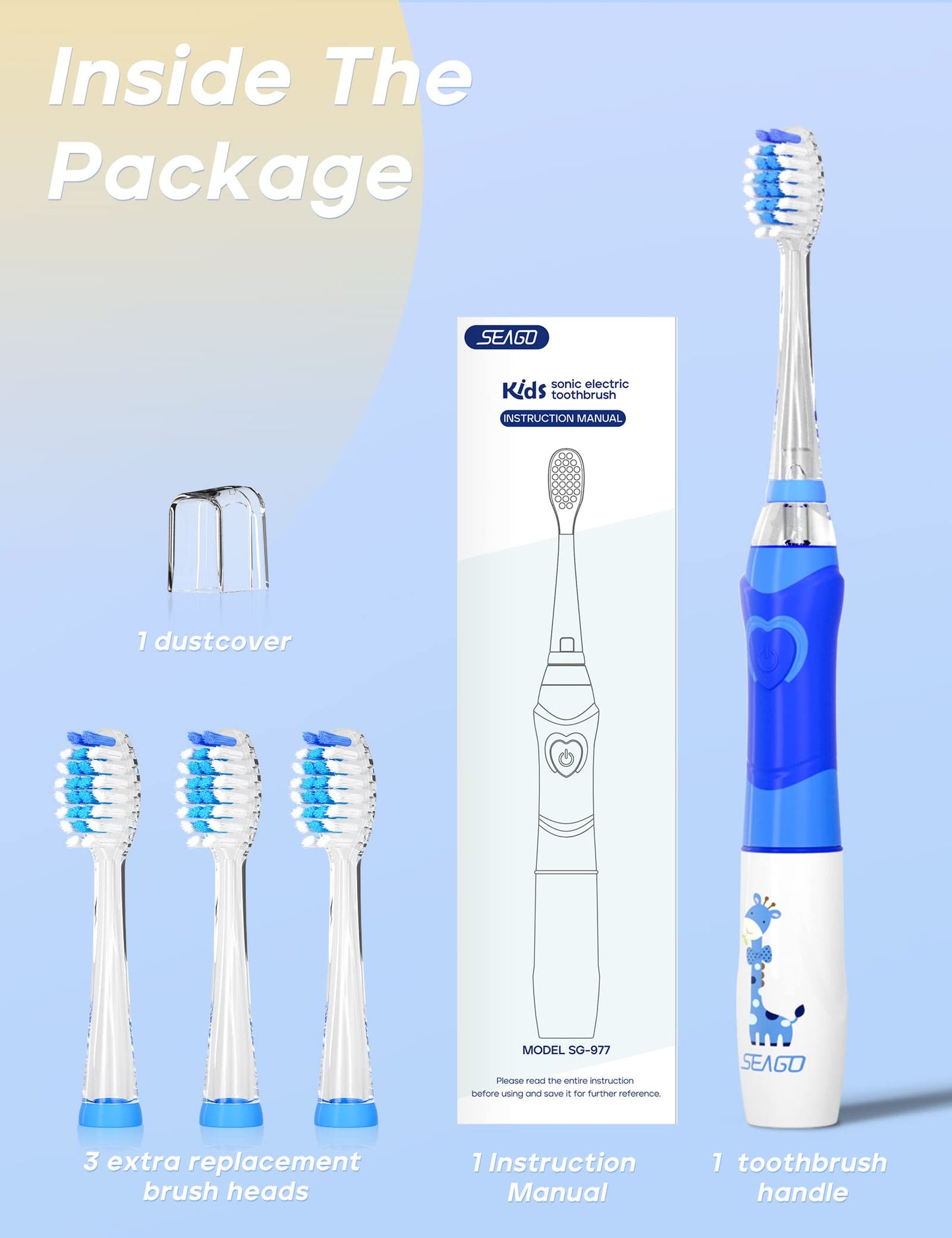 SEAGO Kids Electric Toothbrush – 2 Min Timer, 4 Replacement Heads, Rainbow LED, Blue (4–12 yrs)
