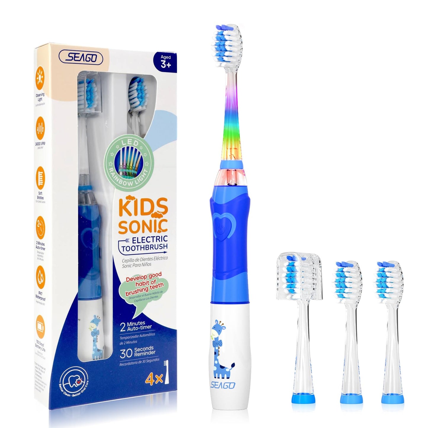 SEAGO Kids Electric Toothbrush – 2 Min Timer, 4 Replacement Heads, Rainbow LED, Blue (4–12 yrs)