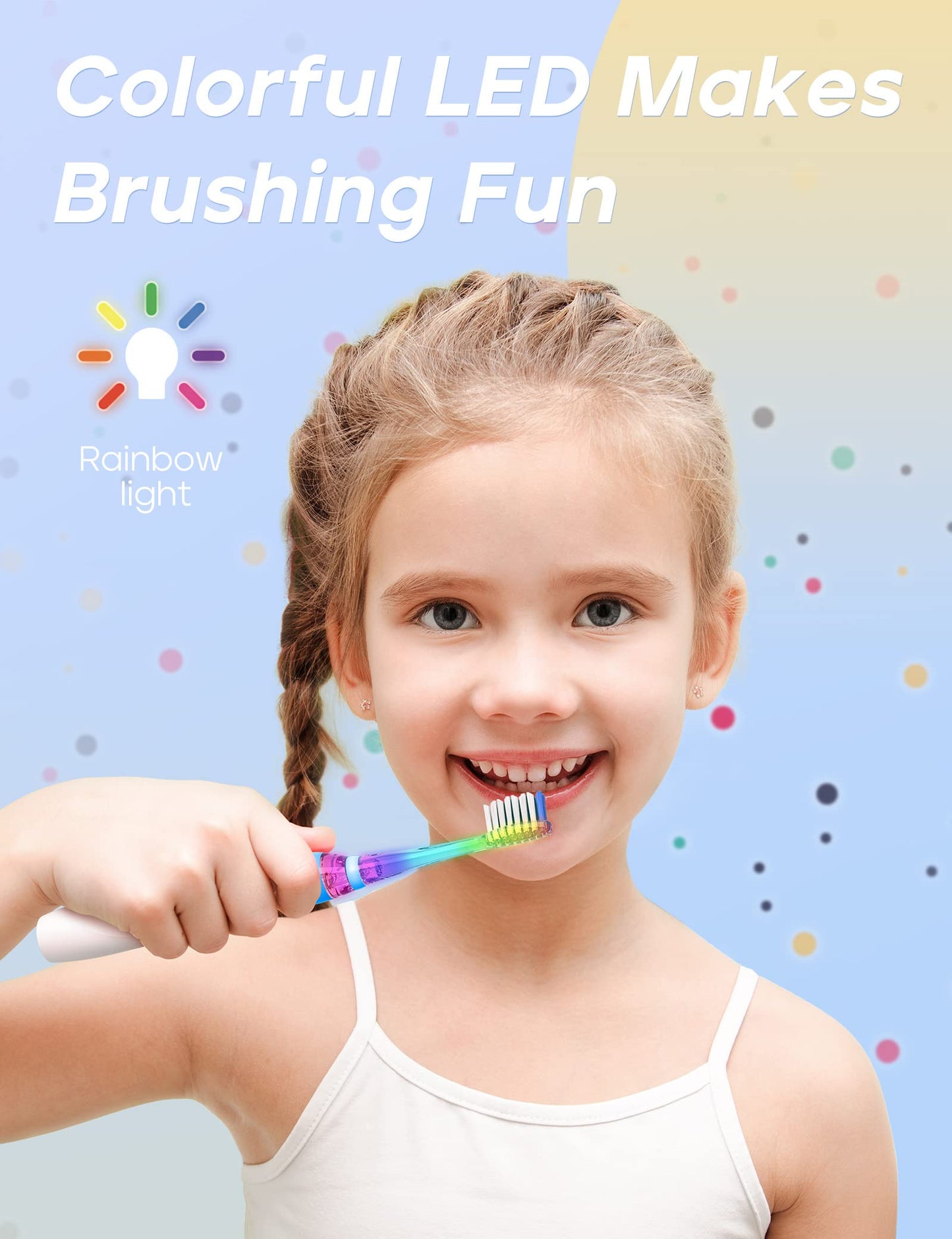 SEAGO Kids Electric Toothbrush – 2 Min Timer, 4 Replacement Heads, Rainbow LED, Blue (4–12 yrs)