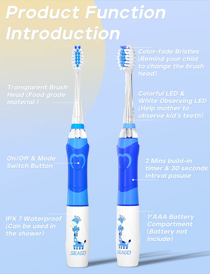 SEAGO Kids Electric Toothbrush – 2 Min Timer, 4 Replacement Heads, Rainbow LED, Blue (4–12 yrs)
