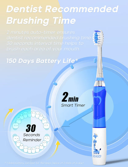 SEAGO Kids Electric Toothbrush – 2 Min Timer, 4 Replacement Heads, Rainbow LED, Blue (4–12 yrs)