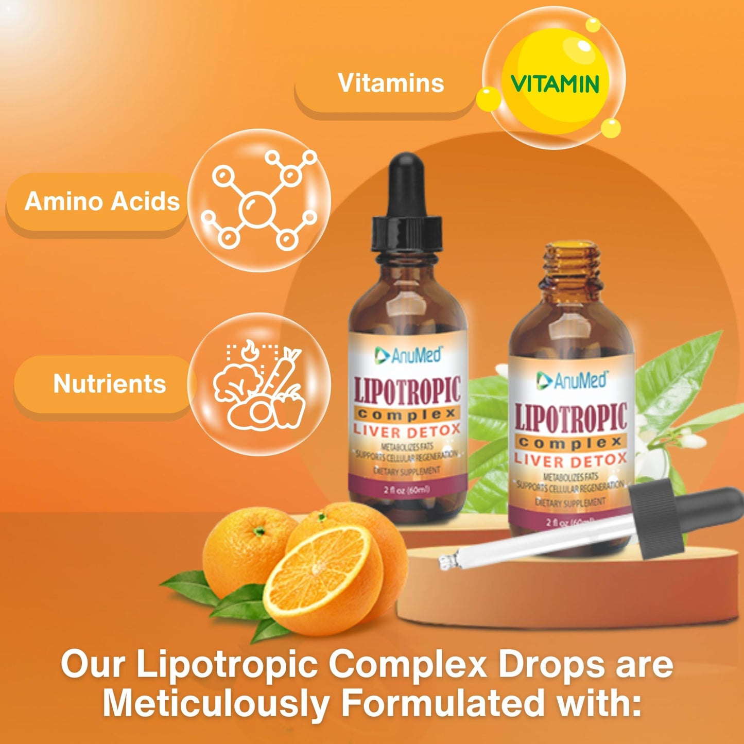 Anumed Lipotropic Drops 2oz – Folic Acid, B12, B6 | Non-GMO, Gluten Free, USA Made
