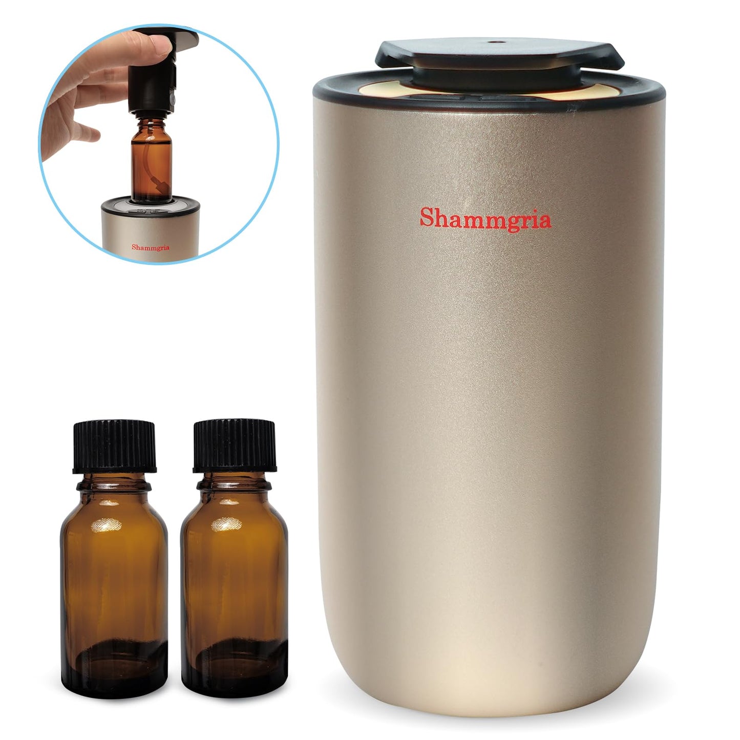 Shammgria Car Air Diffuser | Waterless Nano Mist, 3 Mist Levels, LED Lights – Champagne