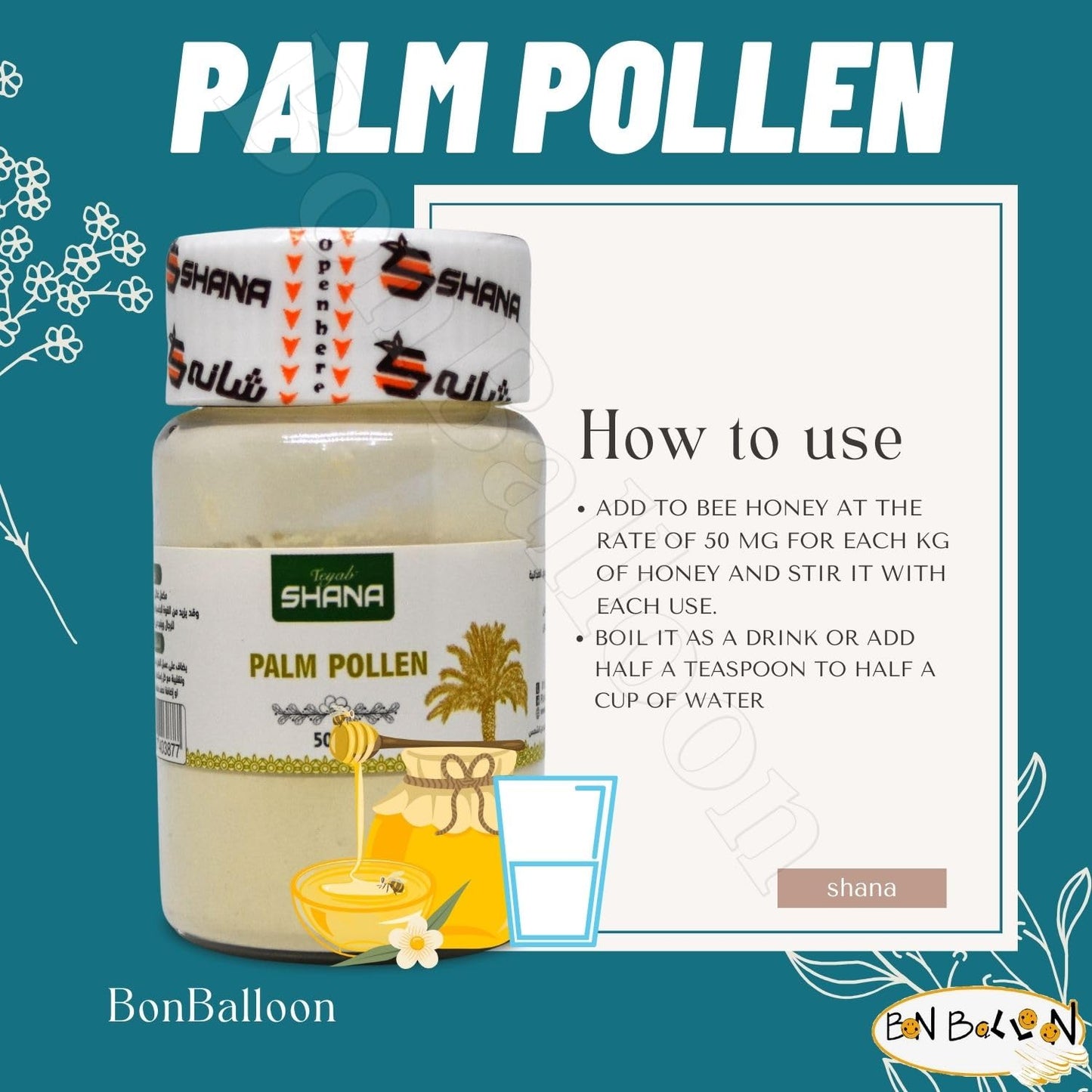 Shana Palm Pollen Powdered Natural Pure Date (1 Pack = 1.76 oz / 50 gm)