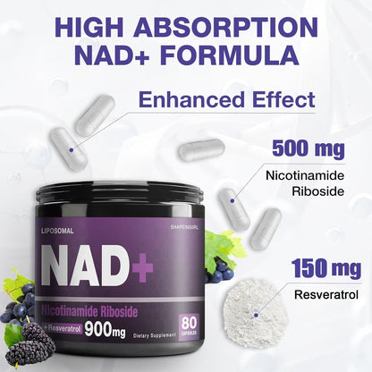 SHAPEINGIRL NAD+ Supplement | NR + Resveratrol | Liposomal NAD+ 900mg | 160 Capsules