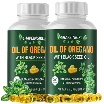 SHAPEINGIRL Oil of Oregano with Black Seed Oil – Organic Oregano Oil Supplement, 400 Softgels, High Potency Carvacrol & Thymoquinone, Non-GMO, Immune Support, Digestive & Respiratory Health
