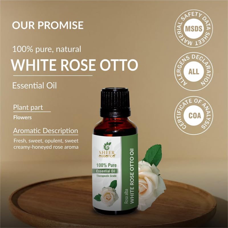 Sheer Essence White Rose Otto Oil 15 ml – 100% Pure Rosa Alba Essential Oil | Therapeutic Grade