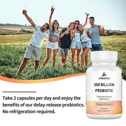 300 Billion CFU Probiotics - Gut Health, 12 Strains + Prebiotic, 60 Caps