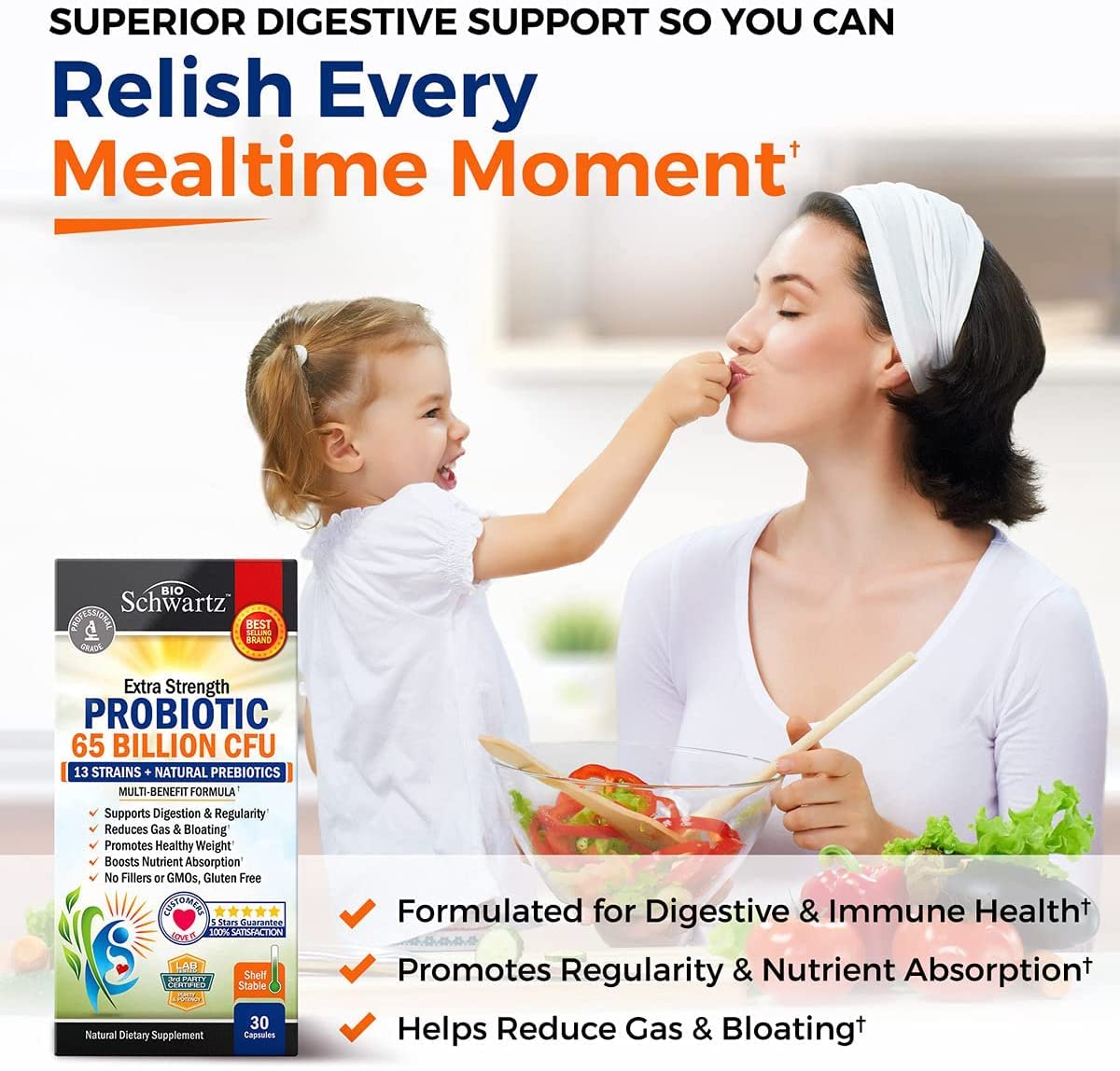 Probiotic 65 Billion with Prebiotic – Digestive Health Capsules (30ct) | Lactobacillus Acidophilus