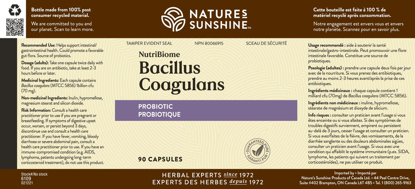 Nature's Sunshine Nutribiome Bacillus Coagulans Probiotics - 90 Capsules, 3 Billion CFU for Digestive Support