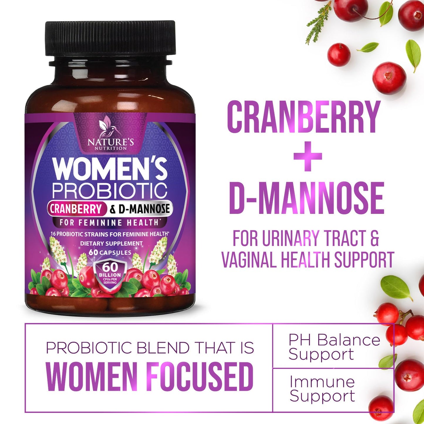Womens Probiotic 60B CFU – 16 Strains, Cranberry & Prebiotics