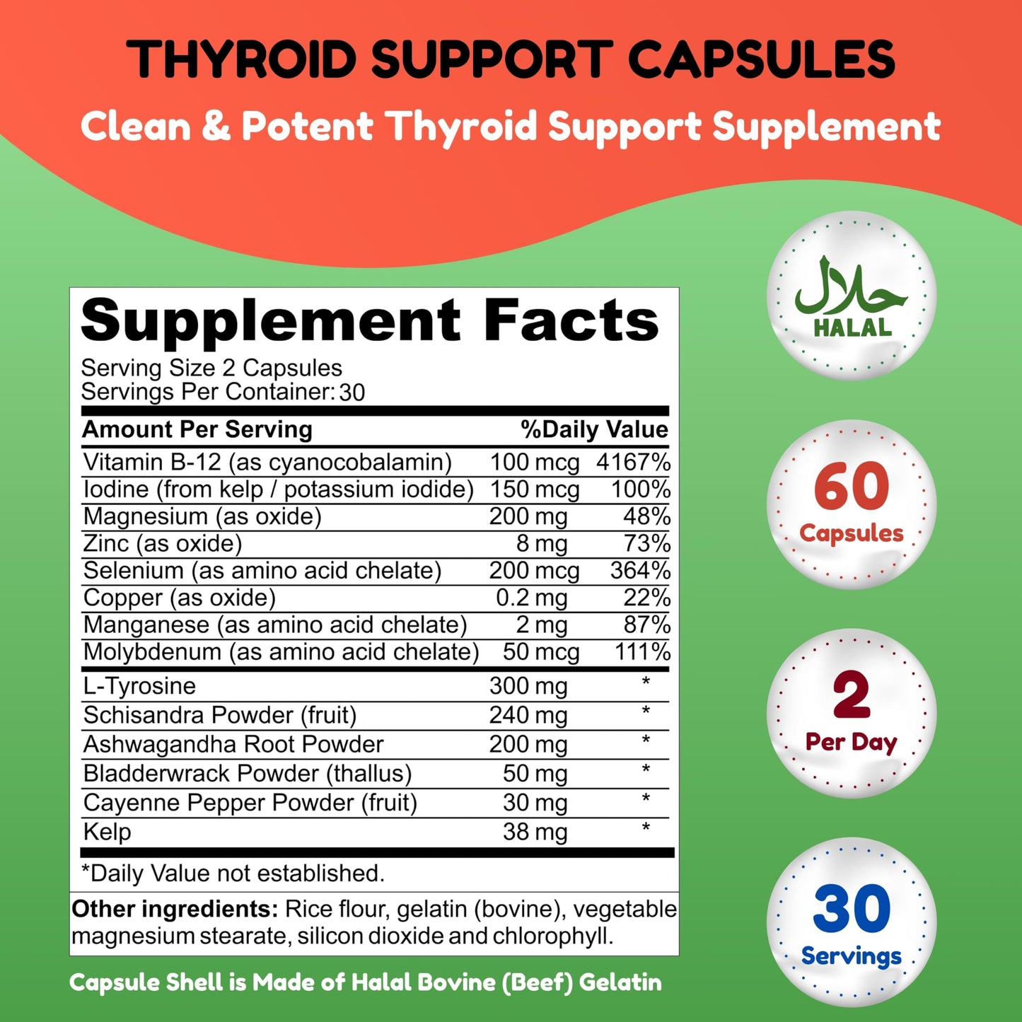 SHIFAA NUTRITION Halal Thyroid Support – 30 Servings | Non-GMO | B12, Iodine, Selenium