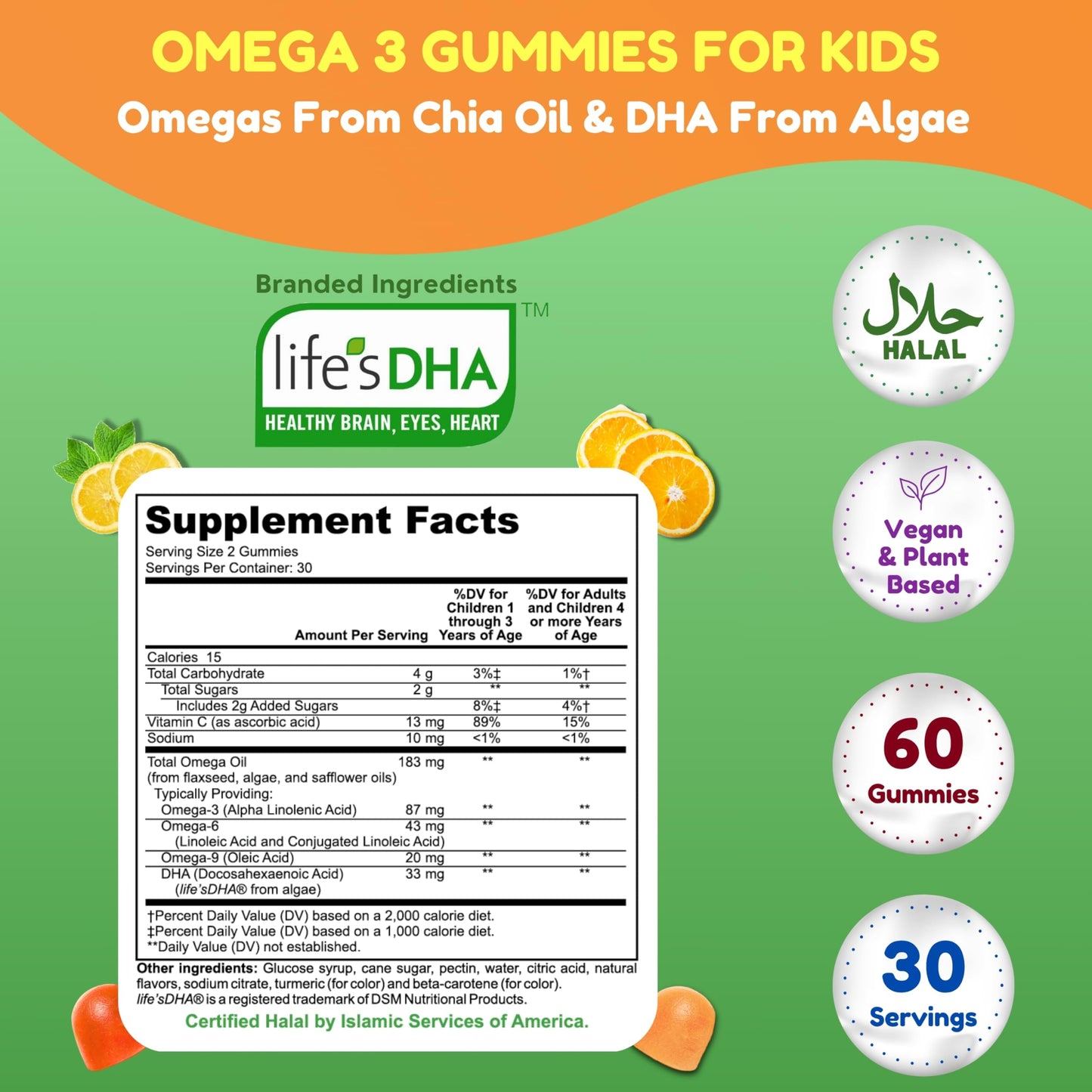 SHIFAA NUTRITION Gelatin-Free Kids Omega-3 Gummies with DHA | Plant-Based, Gluten-Free & Non-GMO | 30 Servings