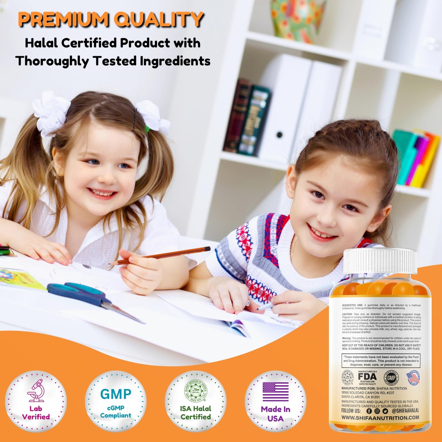 SHIFAA NUTRITION Gelatin-Free Kids Omega-3 Gummies with DHA | Plant-Based, Gluten-Free & Non-GMO | 30 Servings