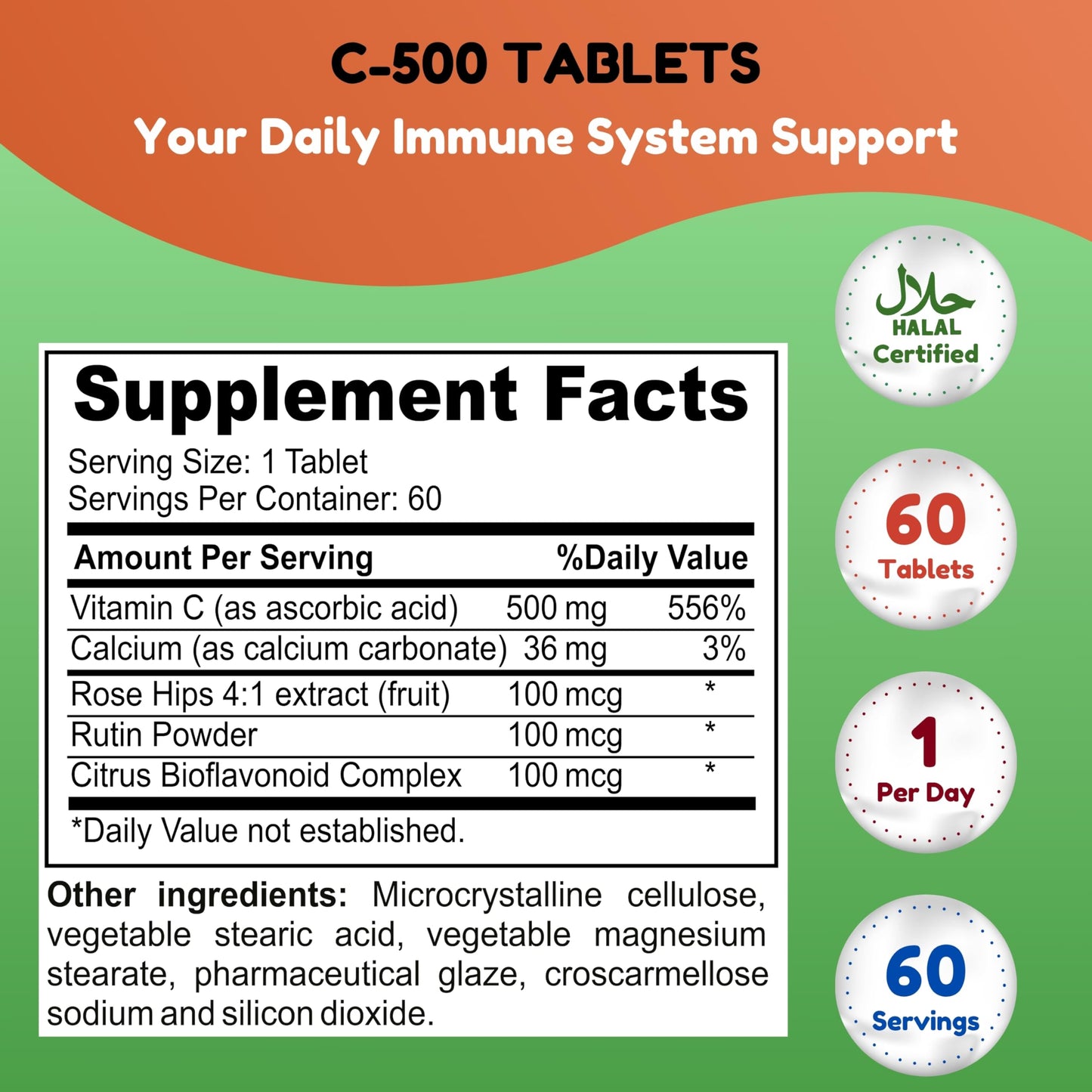 SHIFAA NUTRITION Vitamin C-500 Tablets – Halal, Vegetarian, Non-GMO, Sugar Free | 60 Servings
