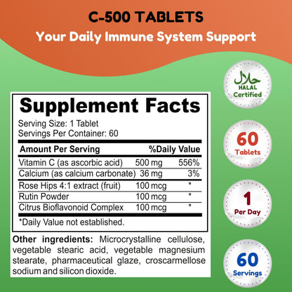 SHIFAA NUTRITION Vitamin C-500 Tablets – Halal, Vegetarian, Non-GMO, Sugar Free | 60 Servings