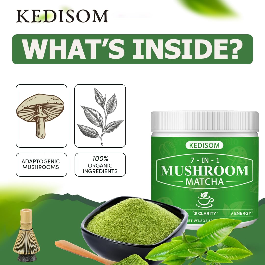 Mushroom Matcha Adaptogenic Blend – 7 Mushrooms + Ceremonial Grade Matcha, 45 Servings