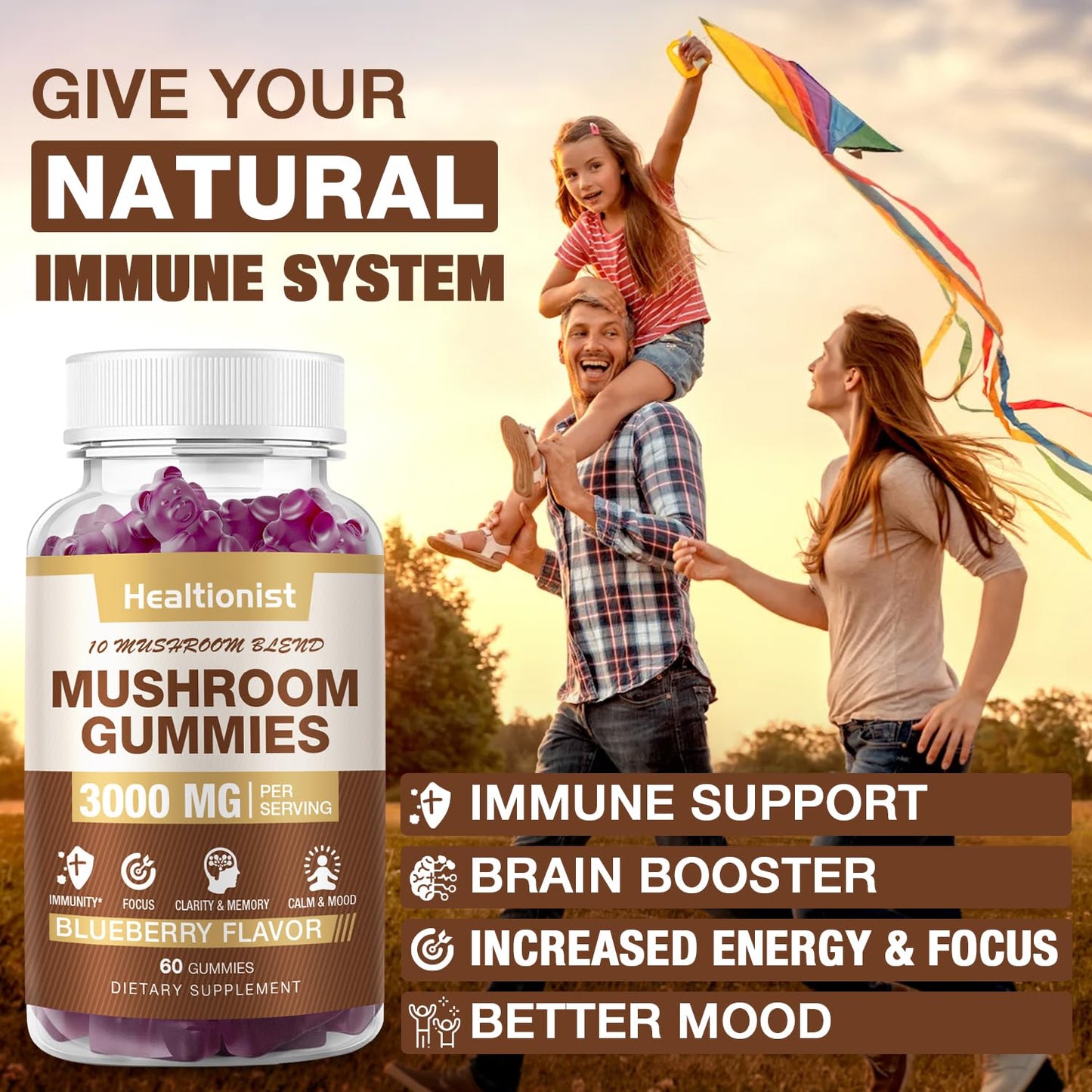 2 Packs Mushroom Complex Gummies 10-Blend – Lion's Mane & Cordyceps for Brain & Immune Support