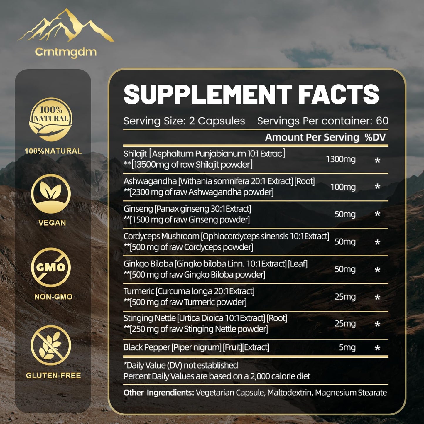 Shilajit Capsules - 1300mg per Serving with Ashwagandha | 120 Capsules