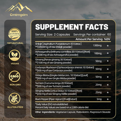 Shilajit Capsules - 1300mg per Serving with Ashwagandha | 120 Capsules