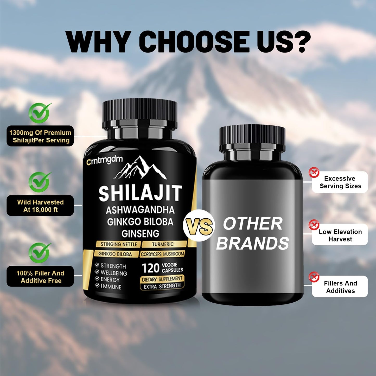 Shilajit Capsules - 1300mg per Serving with Ashwagandha | 120 Capsules