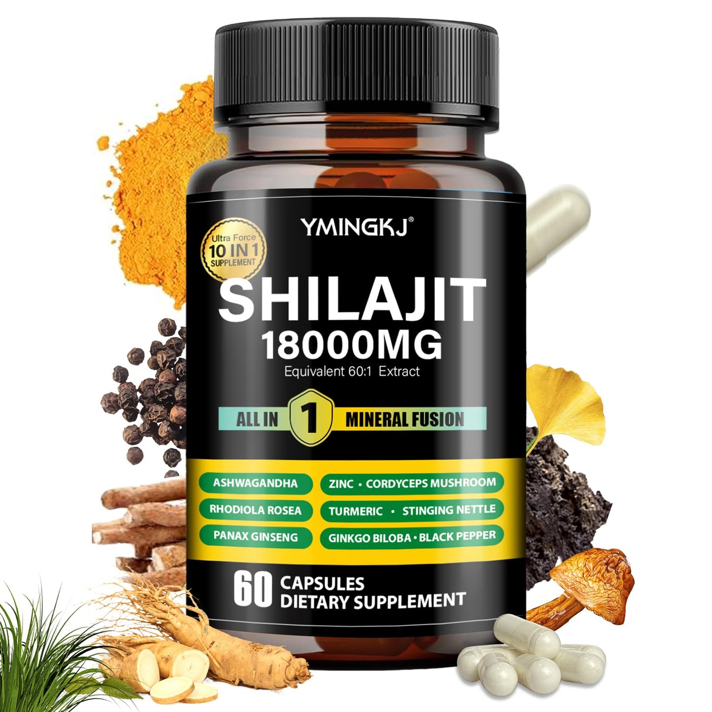 Shilajit Capsules 18000mg (60) 10-in-1 with Ashwagandha & More