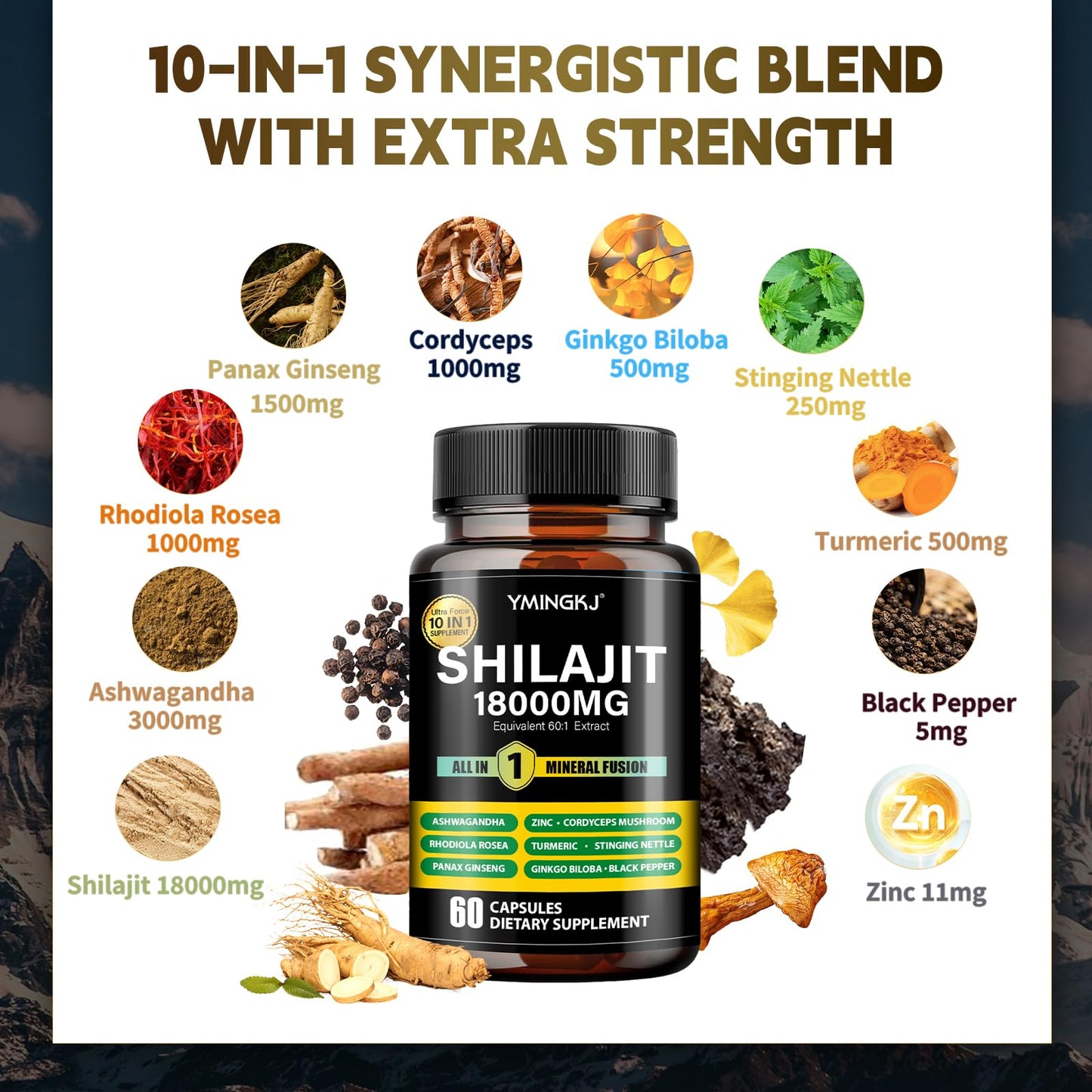 Shilajit Capsules 18000mg (60) 10-in-1 with Ashwagandha & More