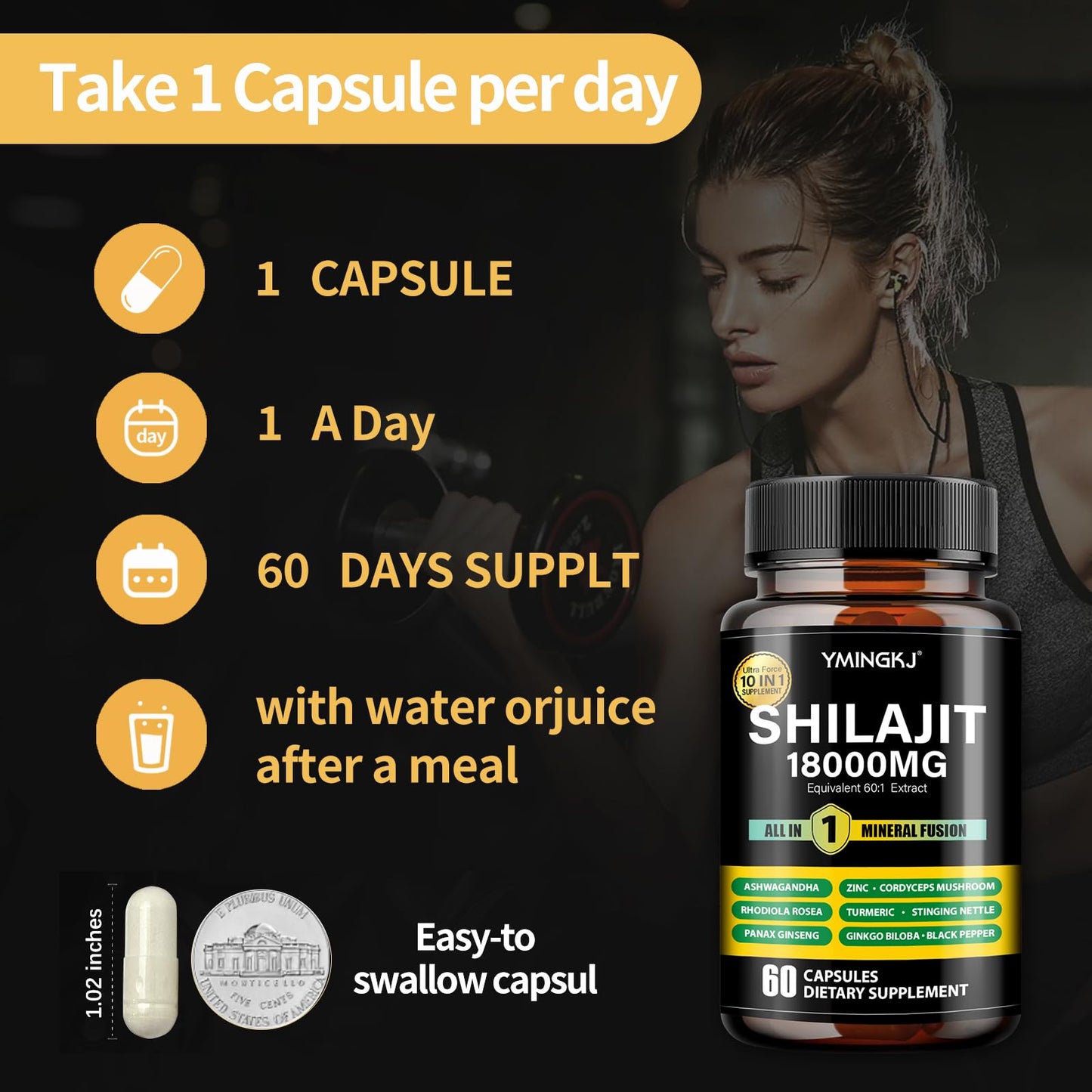 Shilajit Capsules 18000mg (60) 10-in-1 with Ashwagandha & More