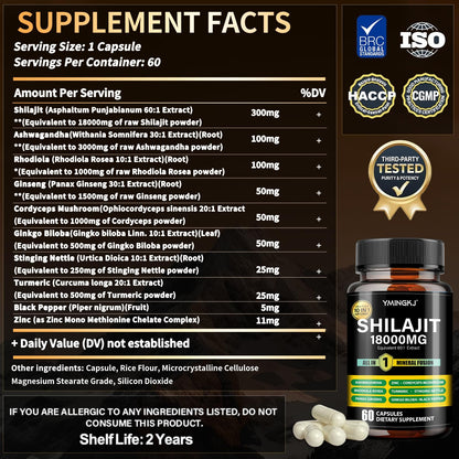 Shilajit Capsules 18000mg (60) 10-in-1 with Ashwagandha & More