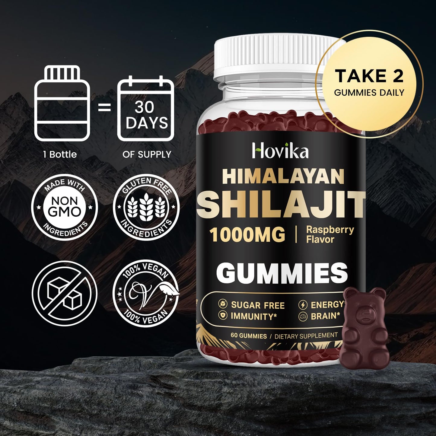 Shilajit Gummies 1000mg – 85+ Trace Minerals | Ashwagandha, Turmeric, Black Pepper | Sugar Free Raspberry 60 Count