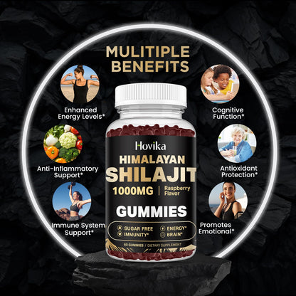 Shilajit Gummies 1000mg – 85+ Trace Minerals | Ashwagandha, Turmeric, Black Pepper | Sugar Free Raspberry 60 Count
