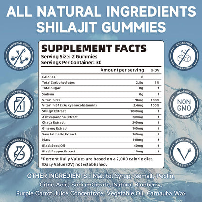 Shilajit Gummies 1000mg Sugar Free - 60 Gummies - 85+ Minerals & Fulvic Acid