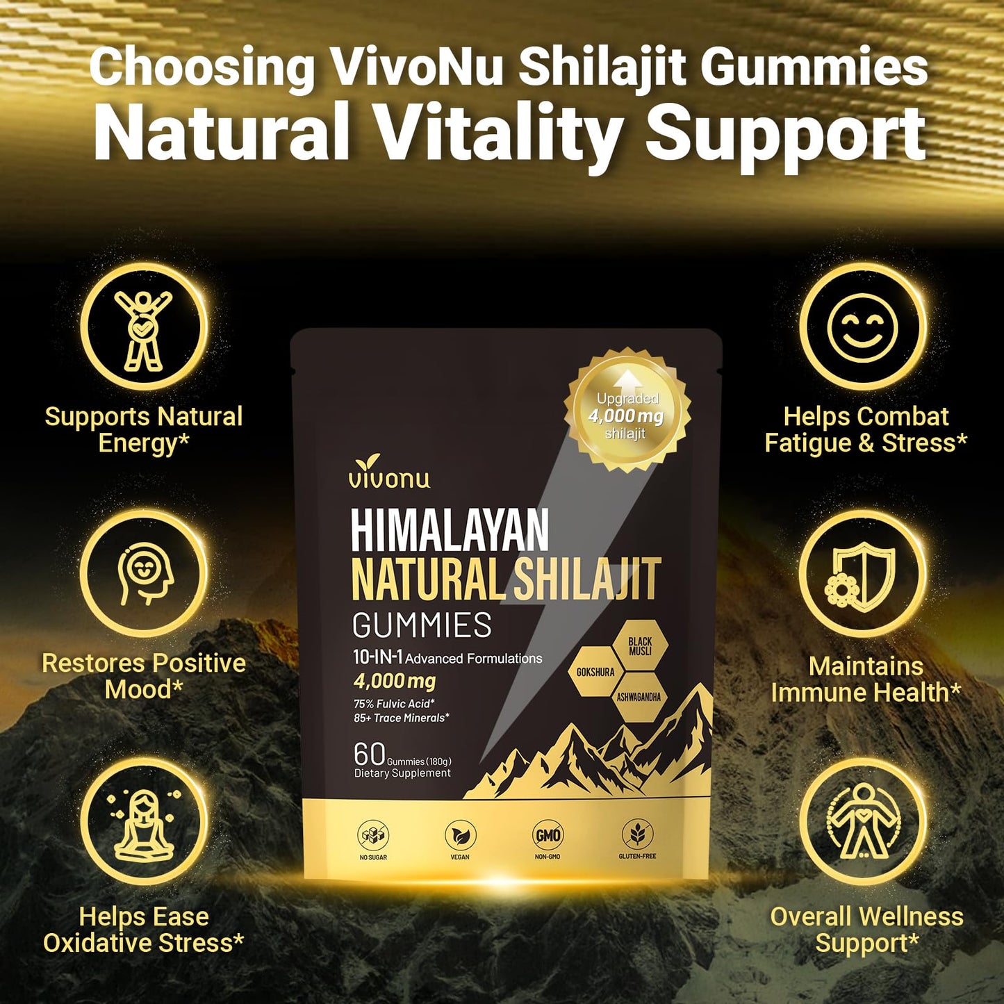 Shilajit Gummies, Shilajit for Men & Women | 4000mg High Potency 10-in-1 Formula with Pure Himalayan Shilajit, Ashwagandha, and 75% Fulvic Acid | Sugar-Free Vegan, 85+ Trace Minerals
