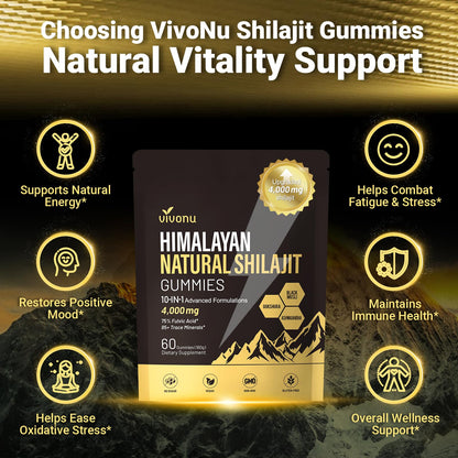 Shilajit Gummies, Shilajit for Men & Women | 4000mg High Potency 10-in-1 Formula with Pure Himalayan Shilajit, Ashwagandha, and 75% Fulvic Acid | Sugar-Free Vegan, 85+ Trace Minerals