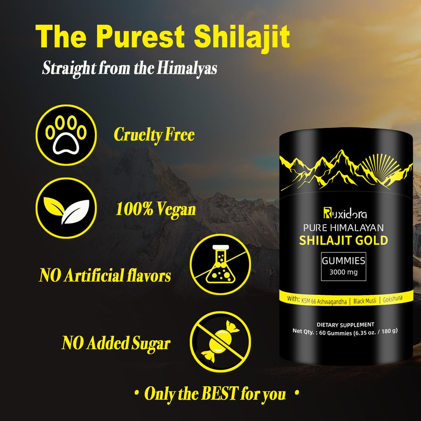 Shilajit Gummies - Pure Shilajit Gummies with Ashwagandha, No Added Sugar, Non-GMO, Natural Organic | 60 Gummies (Individually Wrapped) | Fulvic Acid & 85+ Trace Minerals for Men
