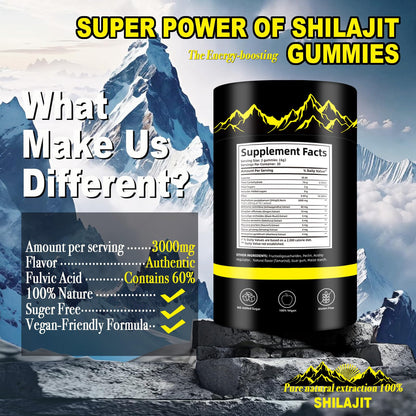 Shilajit Gummies - Pure Shilajit Gummies with Ashwagandha, No Added Sugar, Non-GMO, Natural Organic | 60 Gummies (Individually Wrapped) | Fulvic Acid & 85+ Trace Minerals for Men