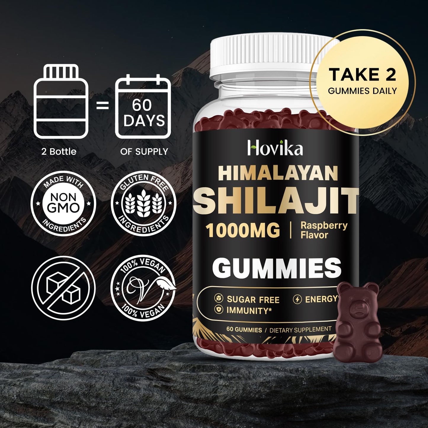 2 Pack Shilajit Gummies 1000mg – 85+ Minerals, Sugar Free Raspberry