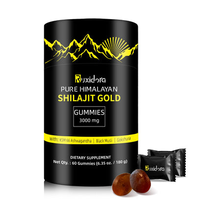 Shilajit Gummies - Pure Shilajit Gummies with Ashwagandha, No Added Sugar, Non-GMO, Natural Organic | 60 Gummies (Individually Wrapped) | Fulvic Acid & 85+ Trace Minerals for Men