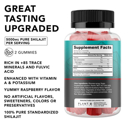 Shilajit Gummies 5000mg – Raspberry Flavor | 60 Count | 85+ Minerals & Fulvic Acid