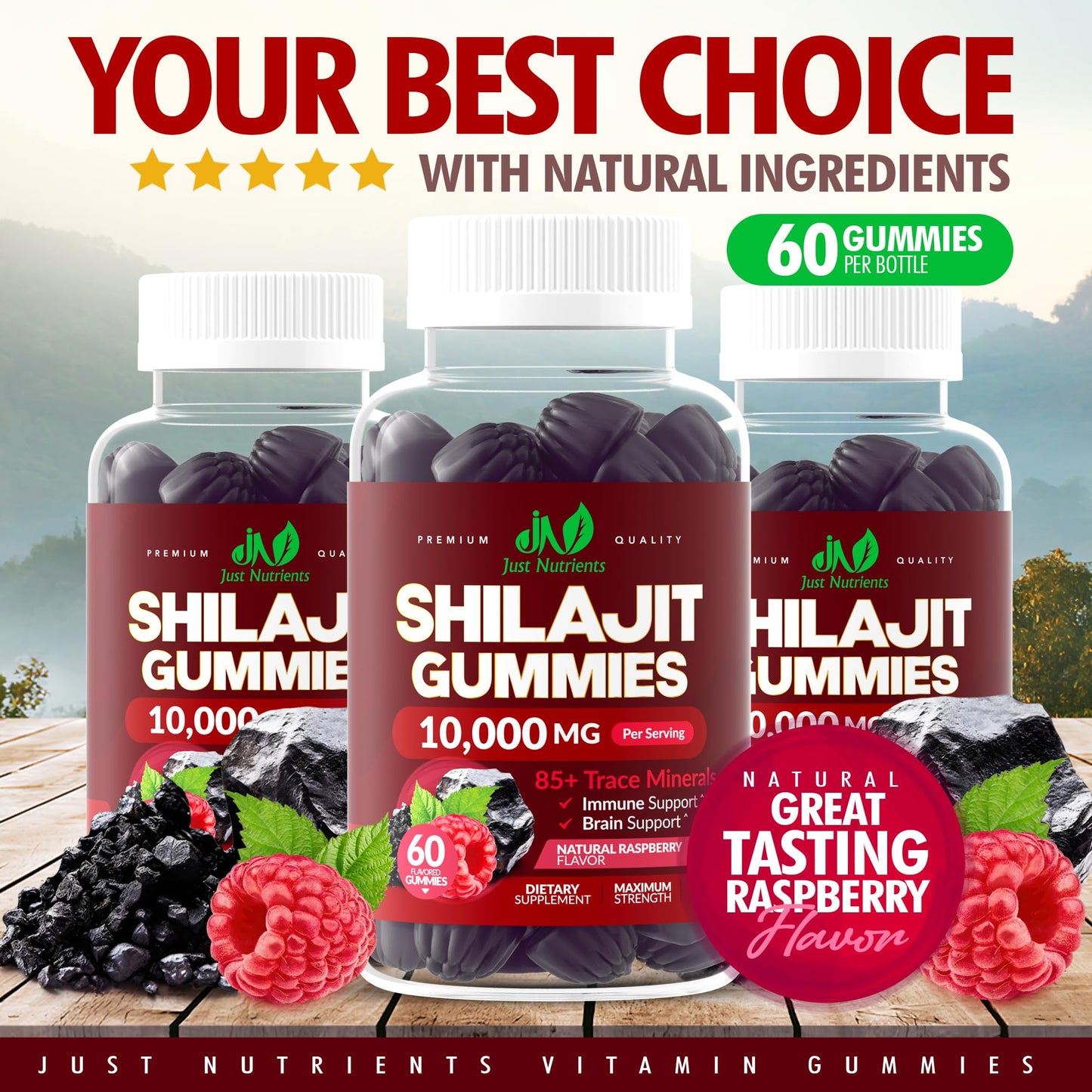 Shilajit Gummies 10,000mg – Maximum Strength Raspberry (Gluten-Free, Non-GMO)