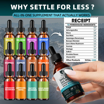 Shilajit Liquid Drops 12-in-1 Complex — Energy, Immune Support, Sea Moss & Minerals (60 ml)