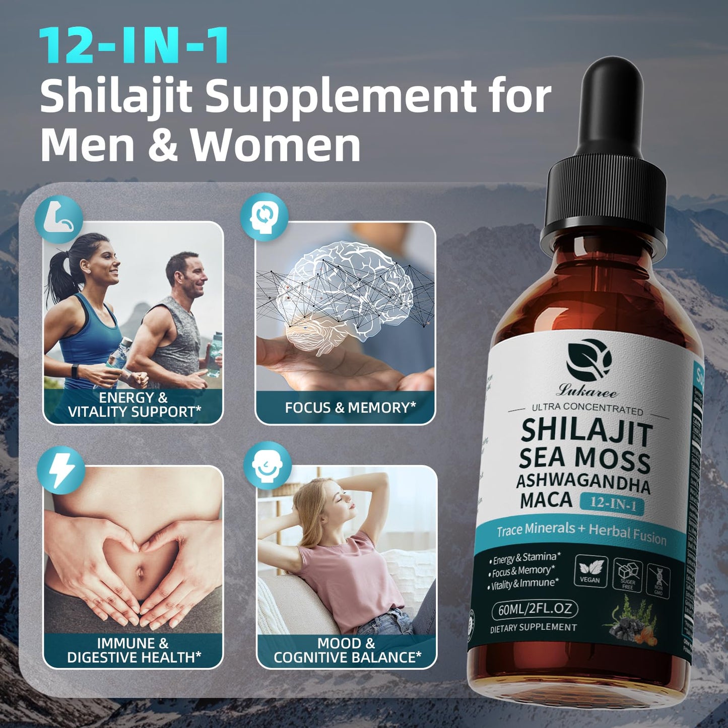 Shilajit Liquid Drops 12-in-1 Complex — Energy, Immune Support, Sea Moss & Minerals (60 ml)