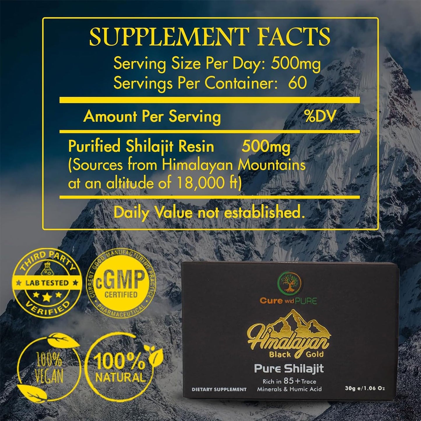 Pure Himalayan Shilajit – 94.5% Fulvic Acid, 500 mg (60 Servings) – USA Lab-Tested