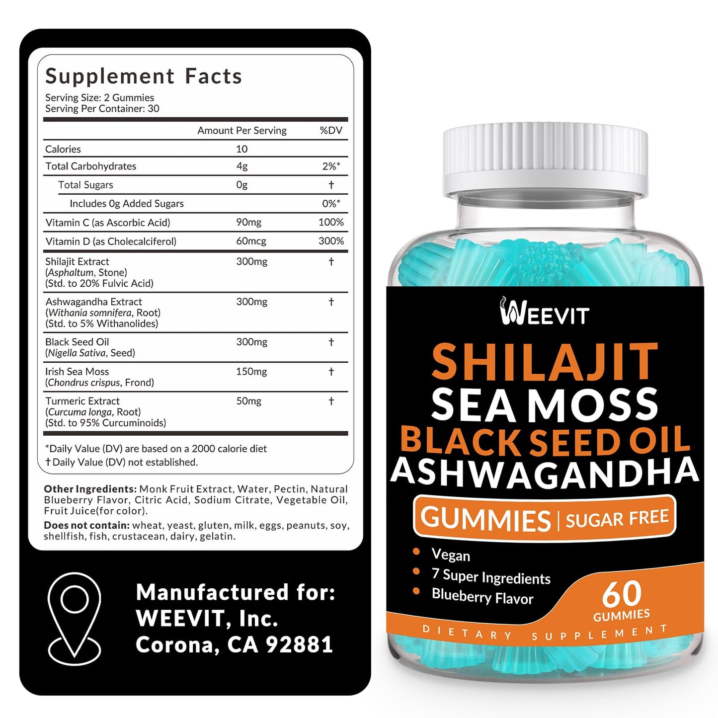 Shilajit Sea Moss Ashwagandha Gummies with Turmeric, Vitamin C & D3 – Immune Support & Energy
