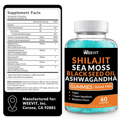 Shilajit Sea Moss Ashwagandha Gummies with Turmeric, Vitamin C & D3 – Immune Support & Energy